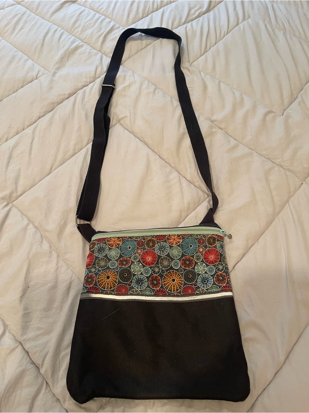Crossbody Tote Bag with Multicolor Medallion Print and Black Base